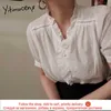 YITIMUCENGホワイトシャツ女性フリルボタンアップトップス韓国のファッションブラウスユニコロルショートパフスリーブオフィスレディ夏210601