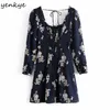 Vintage Floral Print Dress Women Sexy Backless Square Neck Long Sleeve A-line Slim Short Dress Elegant Female Summer Robe 210515