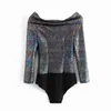Womens Fashion Bright OneShoulder LongSleeved Bottoming Ytterkläder AllMatch Sightfitting Jumpsuit bodysuits 210521
