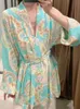 Zevidade Mulheres Totem Vintage Cópia Floral Curva Amarrado Sashes Kimono Smock Blusa Feminino Costura Aberta Camisas Chic Blusas Tops LS9315 210603