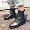 Meotina Winter Motorfiets Laarzen Vrouwen Natuurlijke Lederen Blok Hak enkellaarzen Lace-up Ronde Teen Schoenen Dame Herfst Maat 39 210608