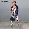 CM.YAYA Print Full Sleeve Single Button Full Length Straight Pant 2 Piece Set Women Turn-down Collar Two Piece Outfit Fashion Y0625