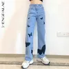 streetwear papillon imprimé jeans femmes printemps taille haute lâche droite denim pantalon femme marée 5C753 210427