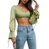 Women's T-Shirt Hirigin 2022 Autumn Adults Sexy Backless Solid Color Flare Sleeve U-shaped Neck Pullover Women Tie-up Crop Tops Streetwear
