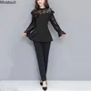 Printemps Mode Élégant OL Tenues Femmes Deux Pièces Ensembles Plus La Taille À Manches Longues En Dentelle Patchwork Tunique Tops Et Pantalon Ensemble Costume Coréen 210518