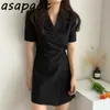 Temperamento manga curta verão terno preto vestido mulheres mini retro lace up cintura entalhada com cinto casual escritório senhora sólida 210429