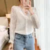 Fashion V-Neck Lace Shirts Crochet Flower Elegant White Blouse Women Autumn Vintage Long Sleeve Button Top Blusas 11907 210508