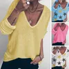 Automne Elegant Star Print Femmes Tee Shirt Spring Sexy V Sexy V Col à manches longues Tops pour femmes T-shirts solides