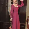 Yosimi Kadınlar Elbise Sonbahar Vintage Lyocell Uzun Kollu Fit ve Flare Polyester Kare Yaka Aplikler Pembe MIDI 210604