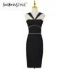 Black Patchwork Diamonds Dress For Women V Neck Sleeveless High Waist Solid Knee Length Dresses Female Summer Style 210520