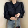 Vintage Tuleja Puff Sleeve Collar Korea Dorywczo Jesień Moda Pojedynczy Bierane Bluzki Kobiety Cienkie kieszenie Solidna Koszula Topy 12365 210521