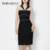 Sexy Black Slim Vestido para Mulheres V Neck Sem Mangas Cintura Alta Patchwork Diamante Diamante Vestidos Feminino Fashion 210520