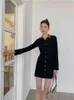 Leopar Baskı Yaka Button Up Mini Elbise Kadınlar Uzun Kollu Siyah Örme Bayanlar Gömlek Kore Moda Giyim 210427