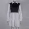 Rahat Uzun Kollu Mini Gömlek Elbise Kadınlar Için Beyaz Bahar PU Deri Patchwork Ekose Kadın Elbise Giyim Femme Robe 201025