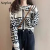 Neploe Französisch Stil Vintage Oansatz Frauen Mantel Herbst Winter Einreiher Strickjacke Geometrische Muster Gestrickte Pullover 210423