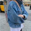 Turn Down Collar Long Sleeve Single Breast Denim Jacket Women Spring Loose Coat Feminino All Match 210422