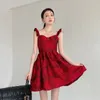 Kadın Elbise Kırmızı Tatlı Kolsuz Çiçek Nakış Tasarım Mizaç Gevşek Fit Moda Yaz 2H897 210526