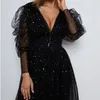 ISAROSE Glitter Backless Dress Little Stars Sequins Black Mesh Deep V Puff Long Sleeves Lady Sexy High Waist Midi Dresses 210422