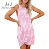 JOCOO Jolee Artı Boyutu 5XL Tank Elbise Rahat Kravat Boya Baskı O Boyun T Gömlek Elbise Gevşek Mini Elbise Eğlence Beach Tatil Dreess 210518