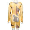 Y2K Estetik Baskı Seksi Hollow Out Bandage Ön Parti Elbiseler Vintage E-Girl O-Yastık Şeffaf Uzun Kollu Elbise x05212601