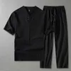 Casual Suit erkek Yağ ve Gevşek V Yaka Kısa Kollu Pantolon İki Parçalı Keten Pamuk Kenevir Büyük Yaz Takımları