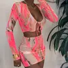 EZGAGA 2 Piece Set Женщины Сетка Печать С Длинным Рукавом Начало Футболки Осенние Дамы Мини Юбка Сексуальный Bodycon Clubwear 2 Настройки 210430