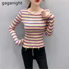 Dzianiny O-Neck Sweter Tshirts Kobiety Rainbow Stripe Casual Z Długim Rękawem T Shirt Lady Spring Slim Bodycon Tee Topy 210601