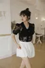 Ver através do vintage preto laço blusa mulheres sprufo verão botão de verão para cima senhoras roupas coreanas moda 210427
