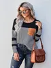 Kvinnor T-shirt Striped Pocket Långärmad Topp Vår Höst Kvinnor Tee Shirt Casual O-Neck Female Loose Topps Patchwork Tee