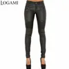 LOGAMI Faux Leather Pants Women Elastic Zipper Trousers Leren Broeken 211115