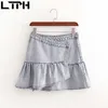 vintage Distressed Ruffles Denim skirt High Waist A-Line all-match Casual Package Hip Mini Women Skirts Autumn 210427