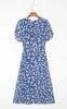 Vintage Französisch Frauen Hit Farbe Blumendruck Midikleid Sommer Rundkragen Kurzarm Slim Chiffon 210429