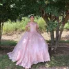 Różowa Koronka Appliqued Ball Suknia Quinceanera Suknie Halter Klejnot Neck Zroszony Prom Suknie Cekinowy Sweep Pociąg Tulle Sweet 16 Party Urodzinowa Sukienka