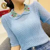 Embroidered short thin knit sweater summer style hundred Korean fashion short-sleeved knitted top women's clothing 210520