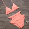Arrivo Ritaglio Nuoto per le donne Bikini sexy Set Costumi da bagno Plus Size Costume da bagno Vita alta Costumi da bagno neri 210520