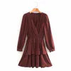 Za Long Sleeve Elegant Mini Red Dress Women Smocked Elastic Waist Casual Pleat Dresses Woman Fashion Flounce Hem Dress 210602