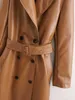 Jesień / Zima Faux Leather Long Jacket Kobieta PU Wiatrówka Podwójna Breasted Znosić Solid Color Trench Pas 210607