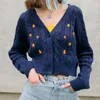Streetwear Orange Daisy Broderi Stickad Cardigan Vintage Navy Blue Twist Sweater Punk Pull Korea Kläder Kvinnor Sticka Kardigan 210429