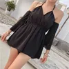 Red Black Solid Women Rompers Lace Up Halter Flare Sleeve Off The Shoulder Sexy Beach Summer 3/4 J0034 210514