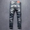 Włoski Styl Moda Mężczyźni Jeans Retro Niebieski Elastyczne Slim Fit Ripped Denim Spodnie Streetwear Vintage Designer Hip Hop Długie Spodnie