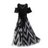 Women Plus Size Mesh Black Long Dress Elegant Off Shoulder Summer Dress Striped waves Sexy Casual Office Ladies wear Party Club 210619