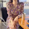 Flower Print Dress Women Korean Chic V Neck Long Sleeve Ladies Vestidos Summer Elegant High Waist Female Dresses 210422