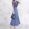 Llzacoosh Summer Elegant Vintage Kant Patchwork A-Lijn Jurk Dames V-hals Single-Breased Lange Jurken OL Office Work Vestid 210514