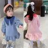 Meninas Dress Cauda Collar Pequeno Bola Fleece Princesa Princesa Outono e Inverno Roupas Quentes Crianças Roupas 210625