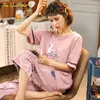 Sleepwear Cotton Summer Pajama Set Pink Elegant Flamingo Printing Plus Size 4XL 5XL Women's Homewear Big s Pyjamas 210809