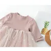 Meisjes jurk preppy stijl prinses geplooid jurk letters meisjes kleding kinderkleding met bloemen appliques 0-4Y q0716