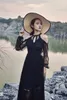 Gotische zwarte mesh kanten jurk halter lange mouw uitgehold elegante vintage lolita sex feestjurken 210608