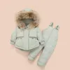 겨울 어린이 의류 세트 눈 정장 재킷 + Jumpsuit 2pcs 세트 아기 소년 소녀 오리 아래로 코트 유아 소녀 옷 210916