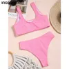 Ingaga Push Up Bikinis Seksowne stroje kąpielowe High Waist Swimwear Kobiety Solidne Różowe Biquini Bated Kostiumy kąpielowe Bandeau Beachwear 210621