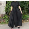 Sommar koreansk stil rund hals kortärmad jumpsuit mode trend bomull bredben byxor lösa kvinnor qg934 210510